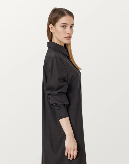 Women Black Casual Cotton Long Sleeve Shirt Dress