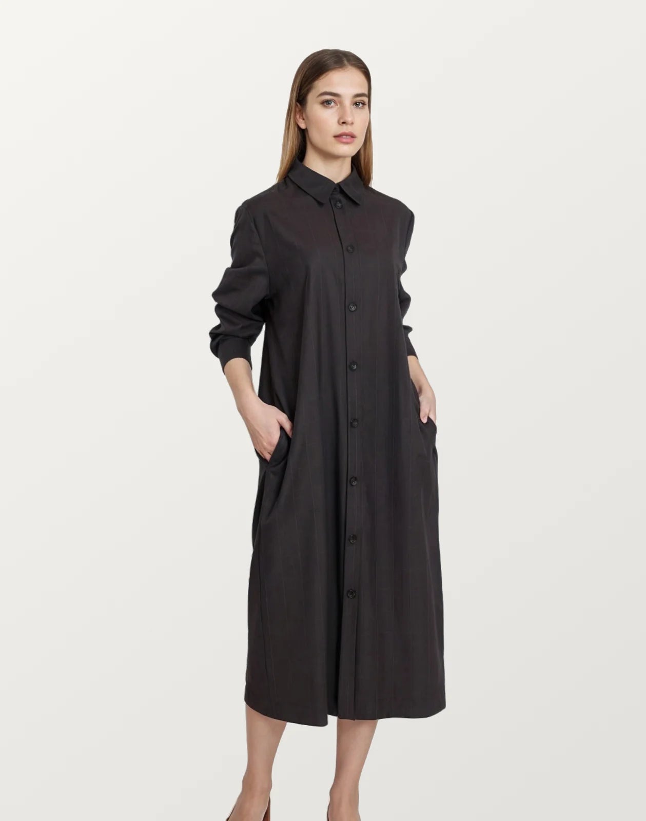 Women Black Casual Cotton Long Sleeve Shirt Dress