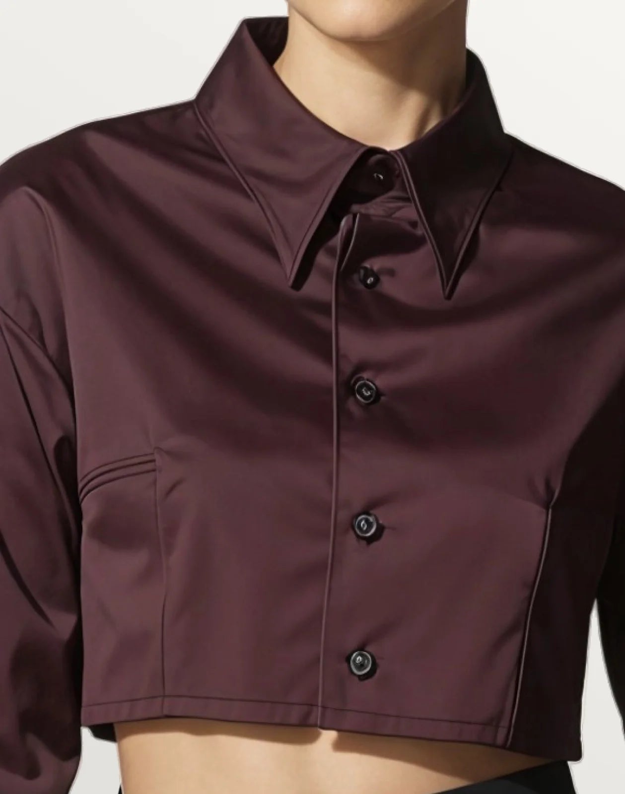Dark Red Satin Long Sleeve Crop Shirt