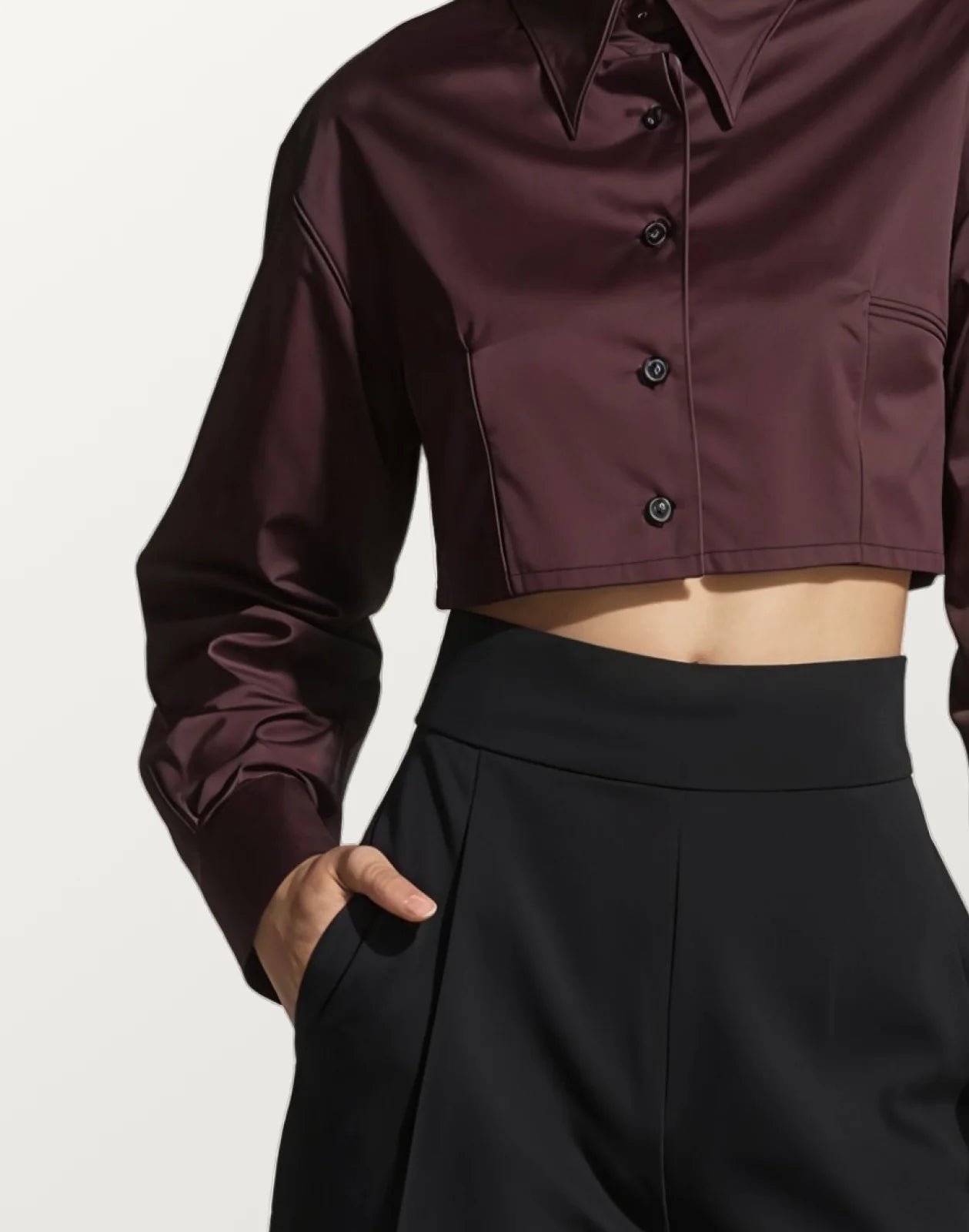 Dark Red Satin Long Sleeve Crop Shirt